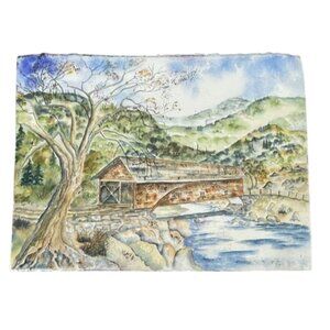 2 sided Watercolor Painting  Flowers Vase Scenic Covered Bridge Landscape READ